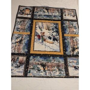 Handcrafted Quilted Wall Hanging / Lap Blanket Family Animals Winter Scene‎ Sled